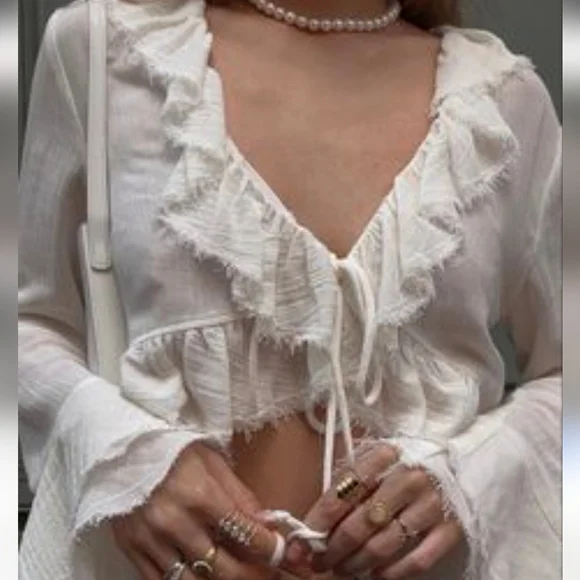 Zara White Ruffle Tie-Front FlounceTop SZ.L NWT - Picture 3 of 9